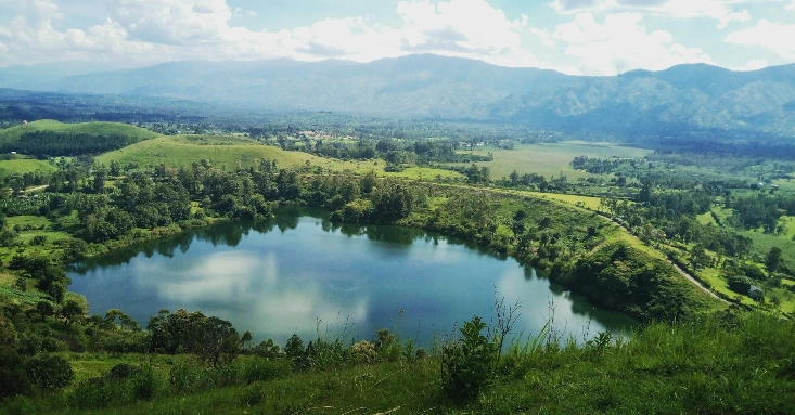 High-angle view of a lake and forest in Uganda